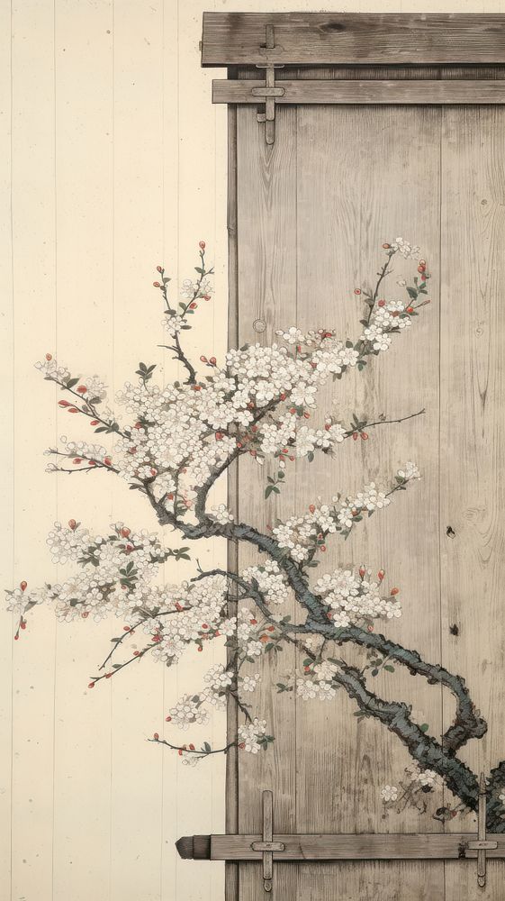 Traditional japanese wood block print illustration of a door with blossom spring flowers plant art architecture.