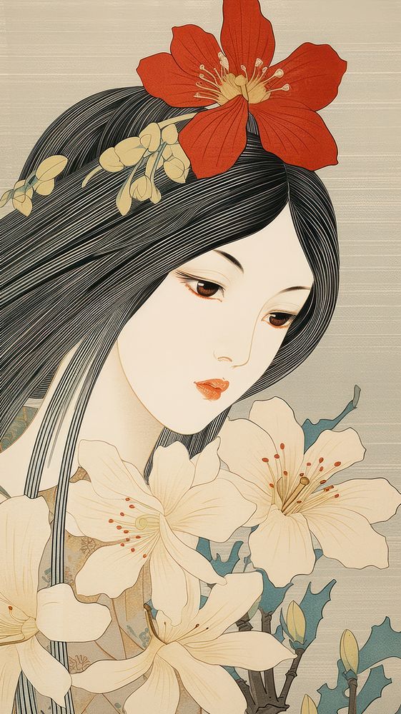 Traditional japanese wood block print illustration of woman with daisy over ear flower adult plant.