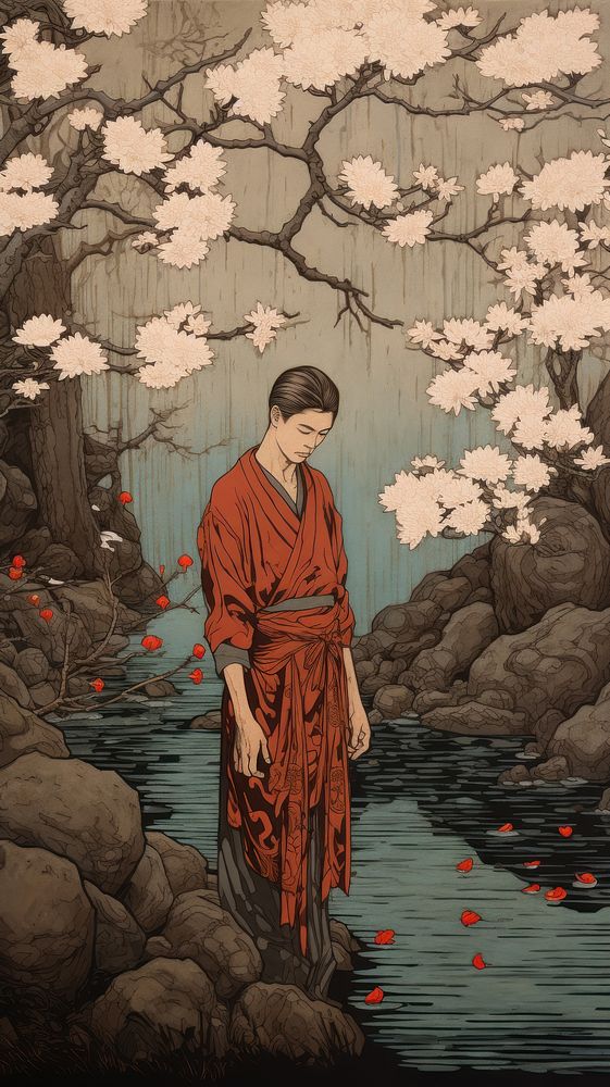 Traditional japanese wood block print illustration of man holding a sakura painting adult robe.