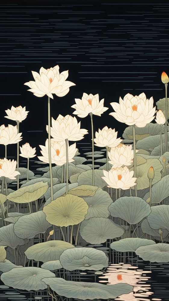 Traditional japanese wood block print illustration of lotus flower plant lily reflection.
