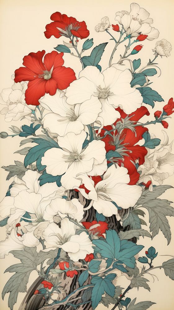 Traditional japanese wood block print illustration of wedding flower painting pattern plant.