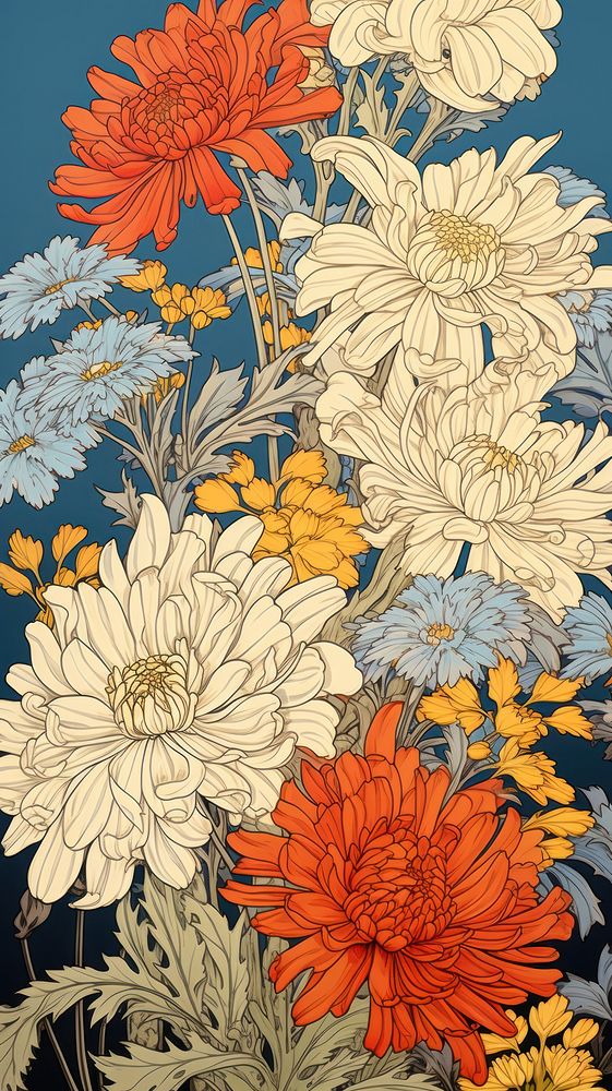 Yellow and blue flower bouquet pattern plant art.