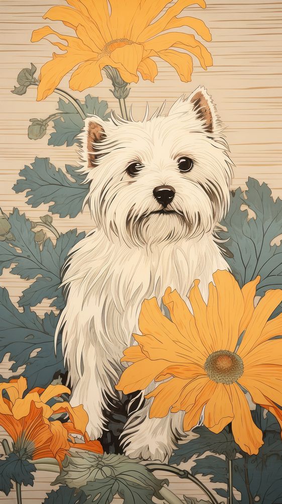 Traditional japanese wood block print illustration of a puppy with sunflower pattern mammal animal.