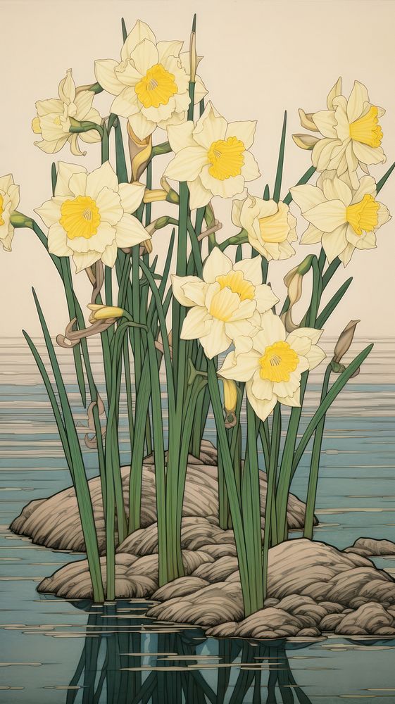Traditional japanese wood block print illustration of yellow narcissus flower daffodil plant.