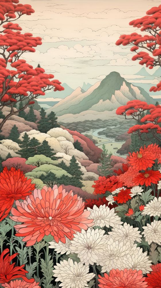 Traditional japanese wood block print illustration of heaven flowers garden landscape mountain outdoors nature.
