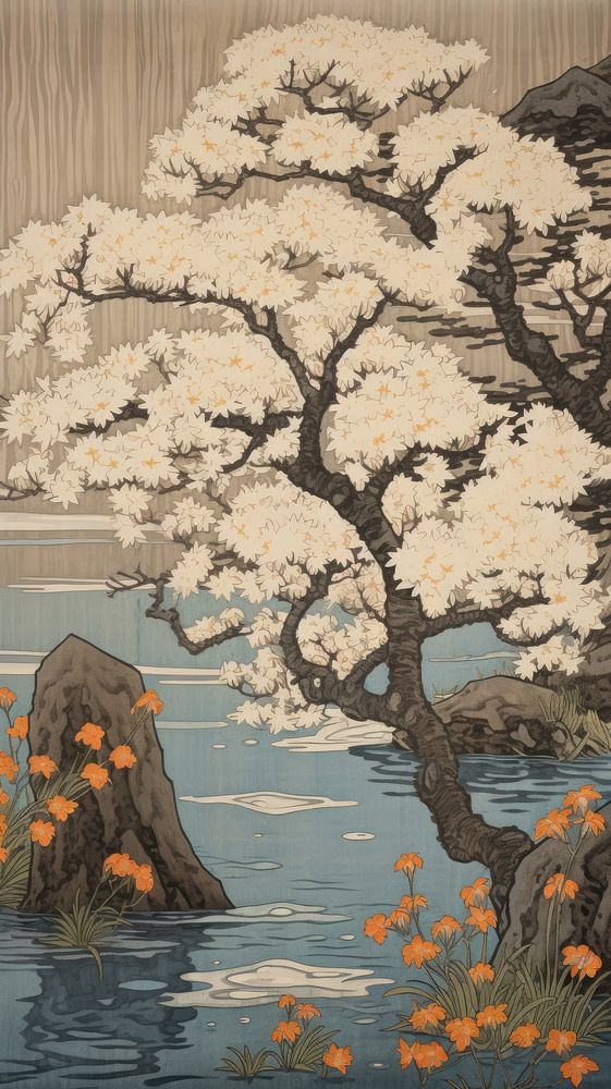 Traditional japanese wood block print illustration of a sakura painting flower plant.