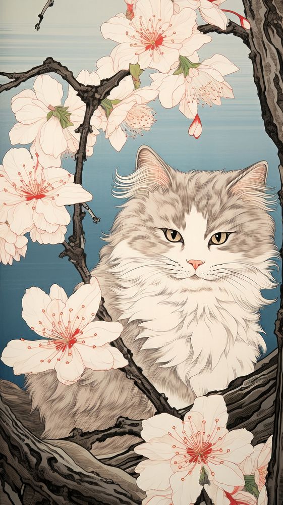 Traditional japanese wood block print illustration of a kitten with sakura flower painting animal.