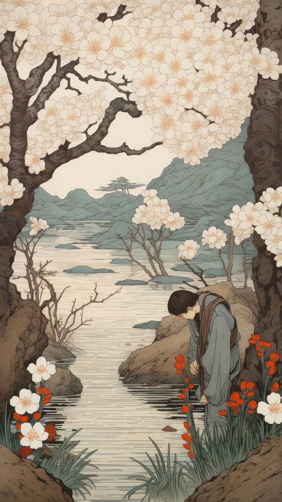 Traditional japanese wood block print illustration of man holding a sakura painting flower plant.