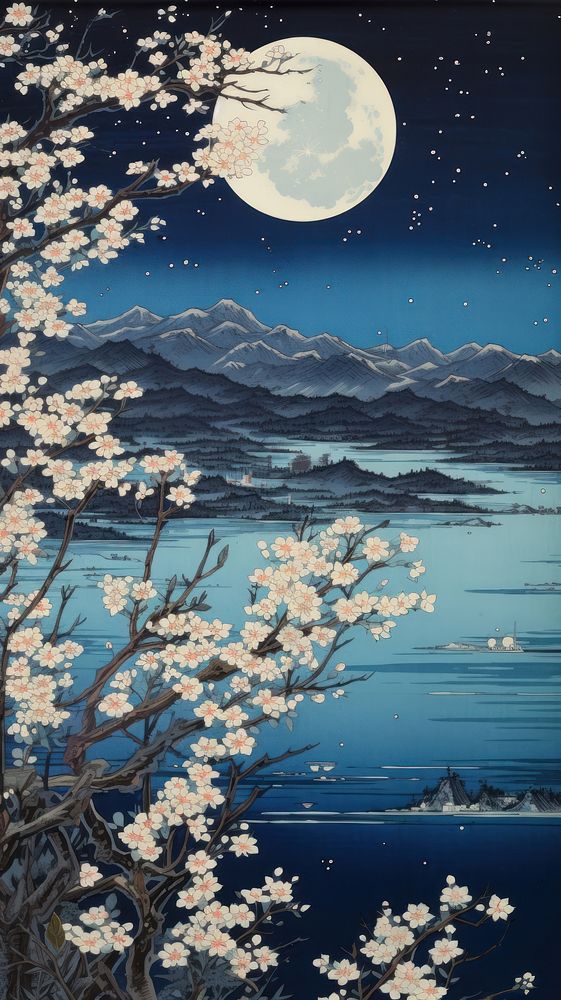 Traditional japanese wood block print illustration of blossom flowers by lake midnight astronomy outdoors nature.