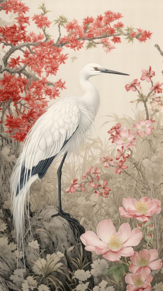 Traditional japanese wood block print illustration of spring flowers garden landscape with holy heron flying painting animal…