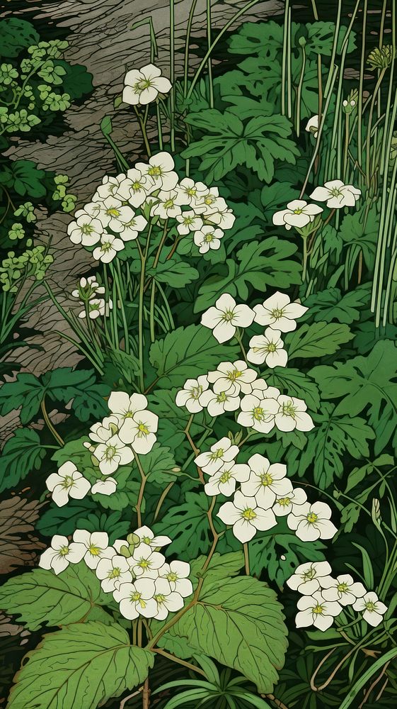 Traditional japanese wood block print illustration of primroses againts grass on ground in flat lay view flower outdoors…