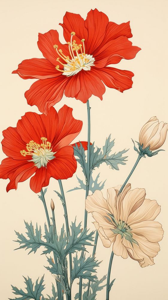Traditional japanese wood block print illustration of cosmos flower hibiscus petal plant.