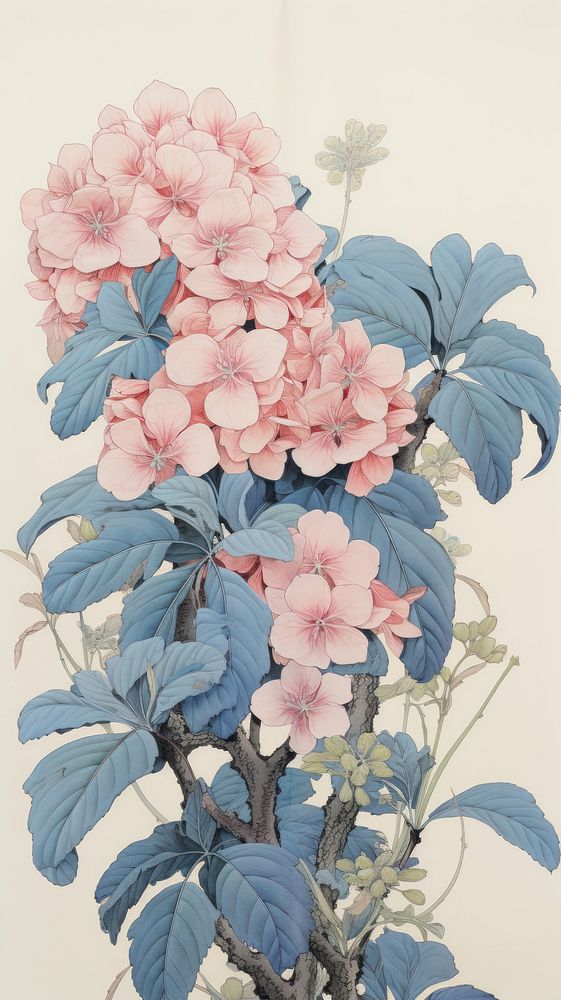 Traditional japanese wood block print illustration of hydrangea flower sketch plant.