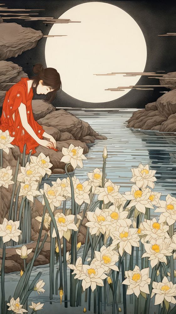 Traditional japanese wood block print illustration of woman with narcissus flower adult art.