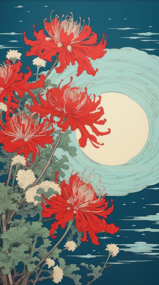 Traditional japanese wood block print illustration of isolated red spider lily againts night sky flower outdoors pattern.