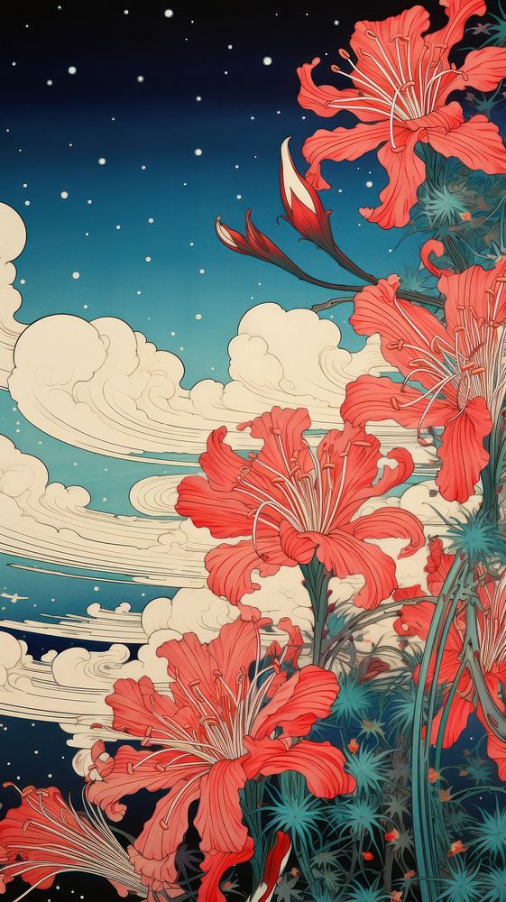 Traditional japanese wood block print illustration of isolated red spider lily againts night sky flower painting pattern.