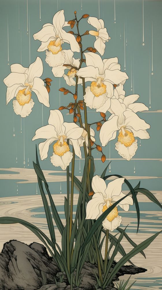 Traditional japanese wood block print illustration of orchid over ear flower plant art.