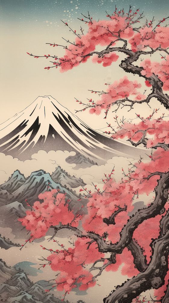 Traditional japanese wood block print illustration of a blossom sakura against fuji mountain outdoors nature flower.