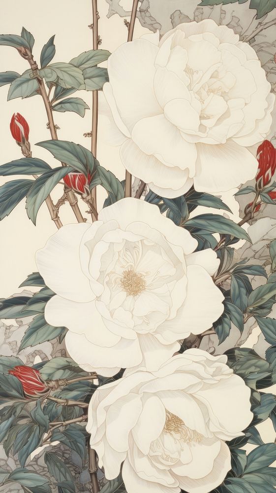 Traditional japanese wood block print illustration of white roses flower pattern sketch.