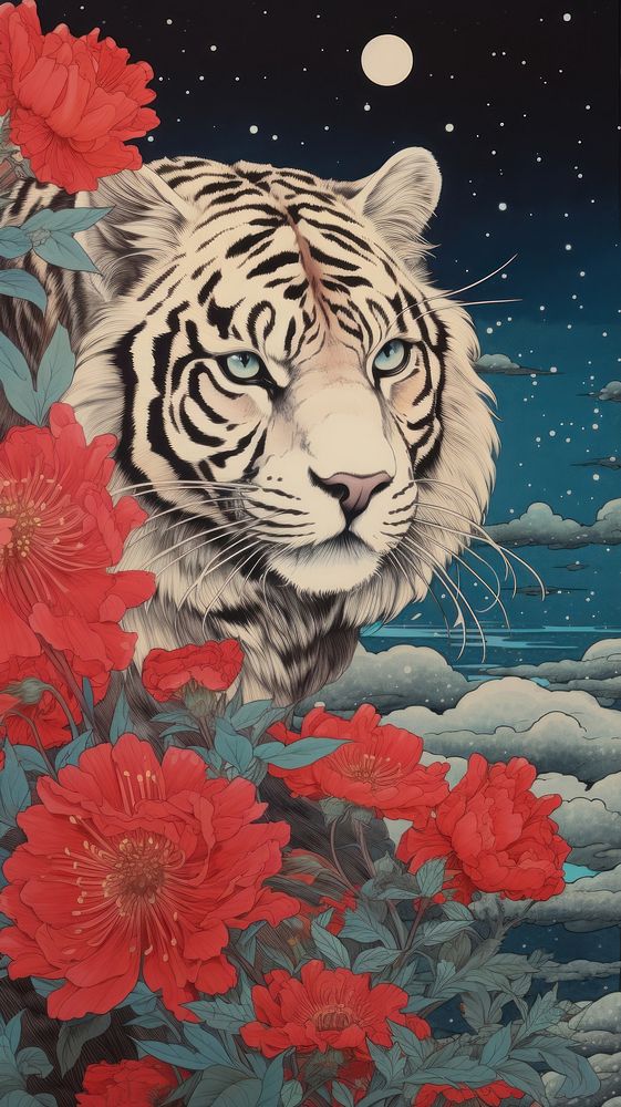 Traditional japanese wood block print illustration of tiger with red spider lily againts night sky flower pattern animal.
