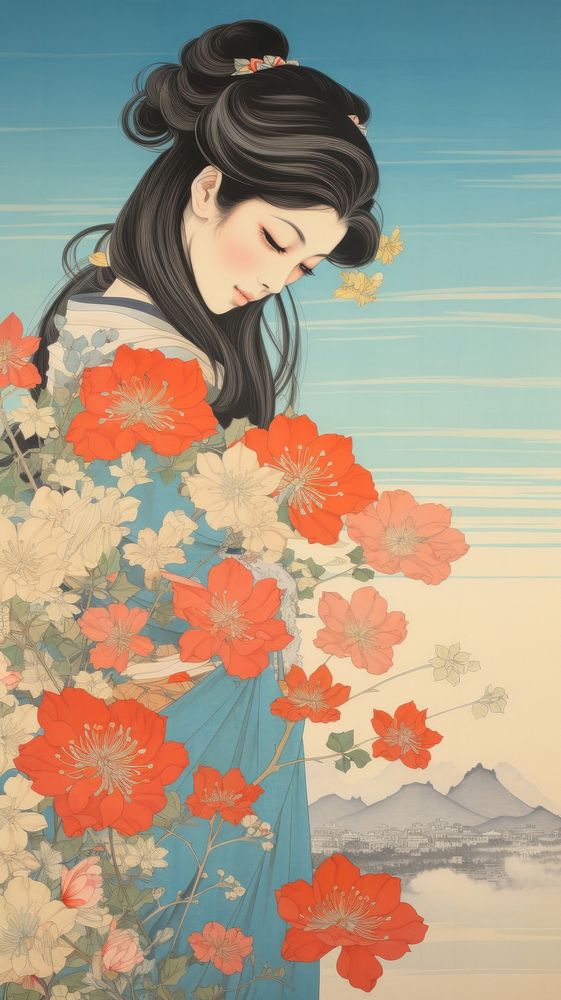 Traditional japanese wood block print illustration of megami with flower againts bright sky painting portrait kimono.