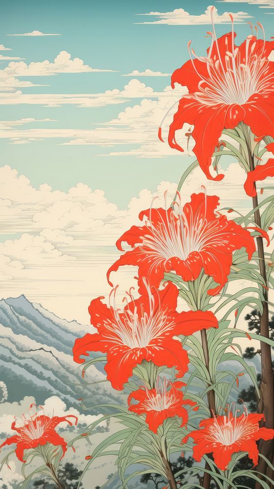 Traditional japanese wood block print illustration of megami with red spider lily againts bright sky flower plant art.