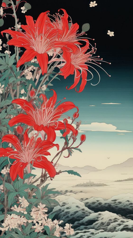 Traditional japanese wood block print illustration of isolated red spider lily againts night sky flower plant fragility.
