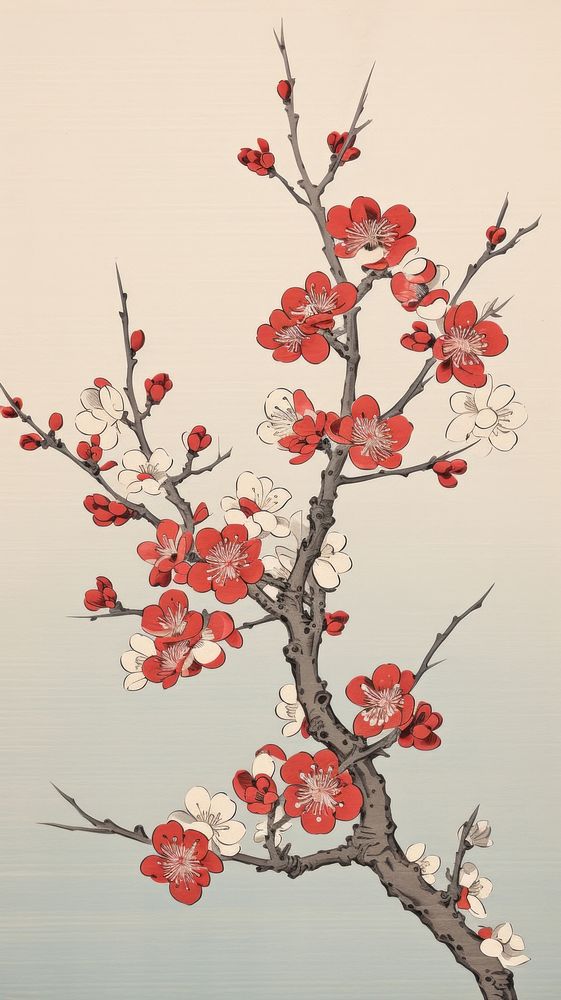 Traditional japanese wood block print illustration of a blossom flower on ground in winter painting pattern plant.