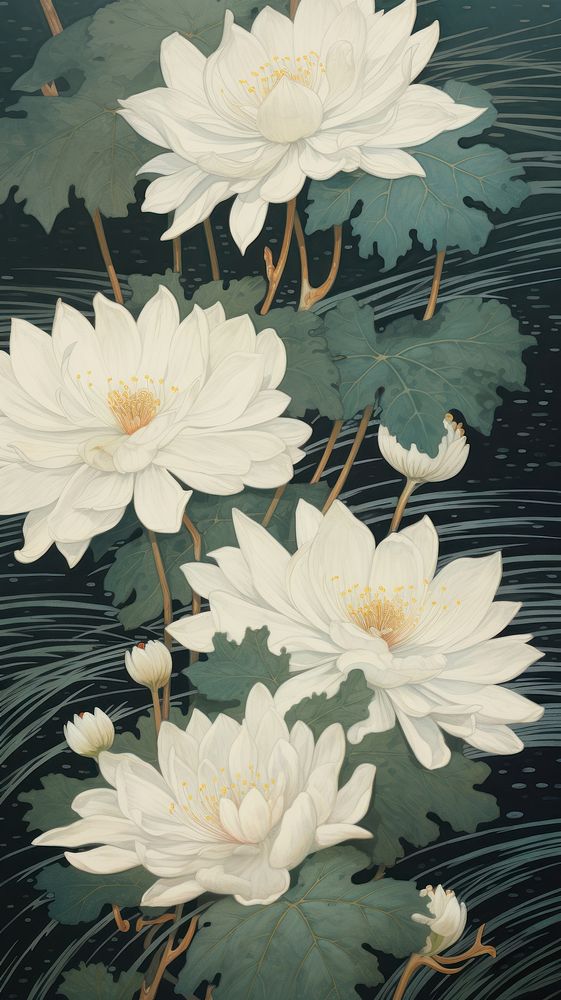 Traditional japanese wood block print illustration of white wildflower floating on lake plant petal lily.