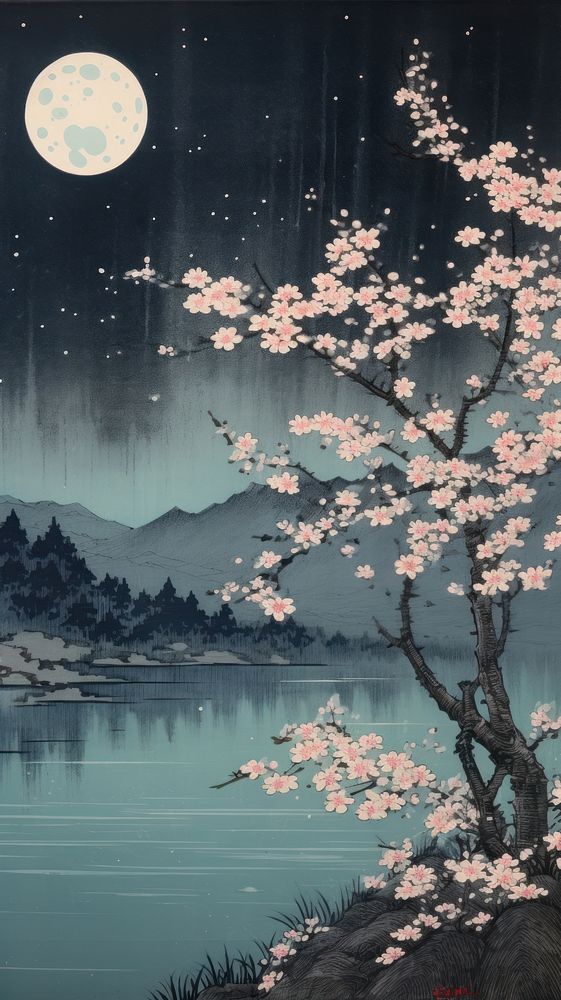 Traditional japanese wood block print illustration of blossom flowers by lake midnight outdoors nature plant.