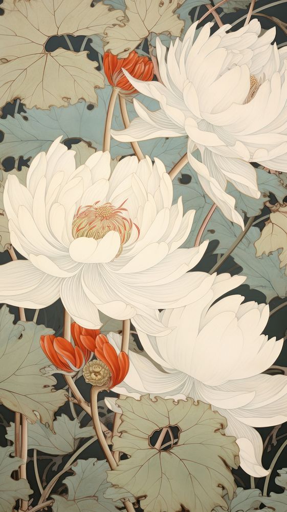 Traditional japanese wood block print illustration of white lotus over ear flower pattern plant.