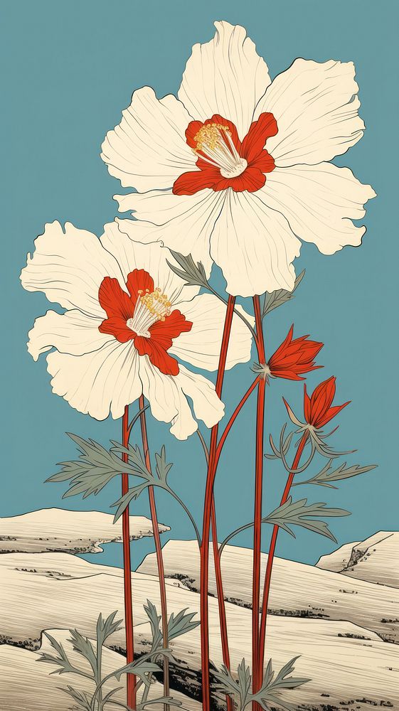 Traditional japanese wood block print illustration of cosmos flower hibiscus plant red.
