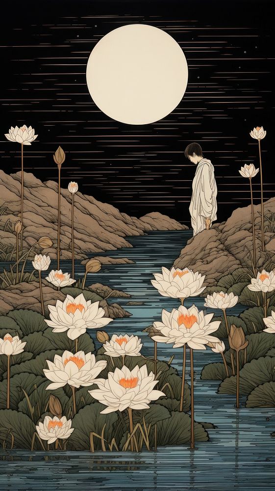 Traditional japanese wood block print illustration of lotus flower with man outdoors nature plant.