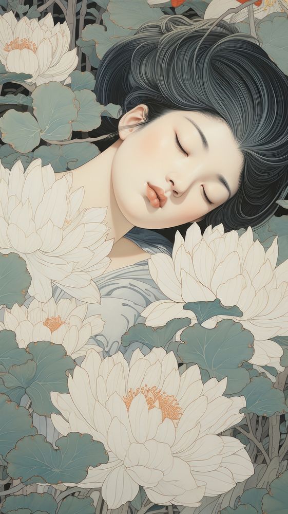 Traditional japanese wood block print illustration of white lotus over ear flower portrait adult.