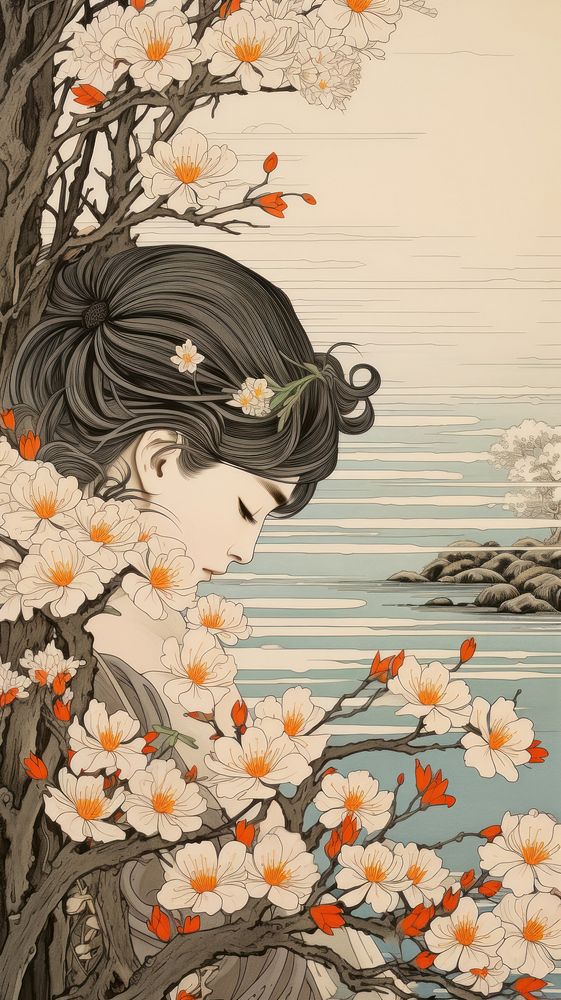 Traditional japanese wood block print illustration of sakura over ear painting pattern drawing.