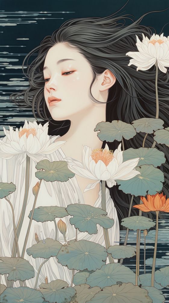 Traditional japanese wood block print illustration of white wildflower floating on lake portrait adult art.