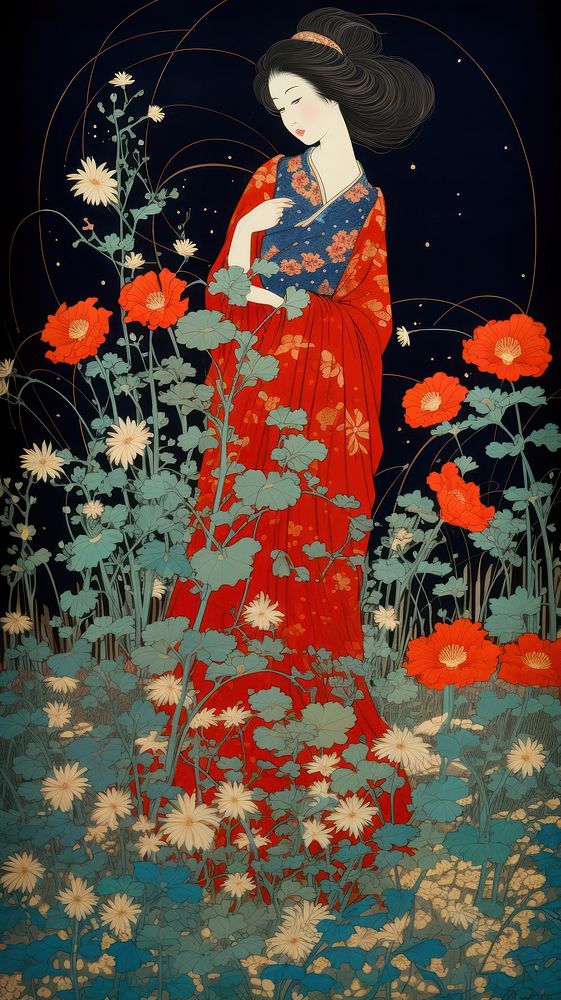 Woman with flowers in nighttime painting adult dress.