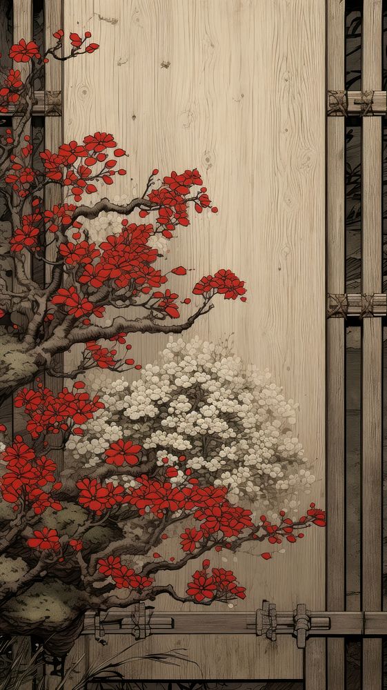 Traditional japanese wood block print illustration of a door with blossom spring flowers architecture building plant.