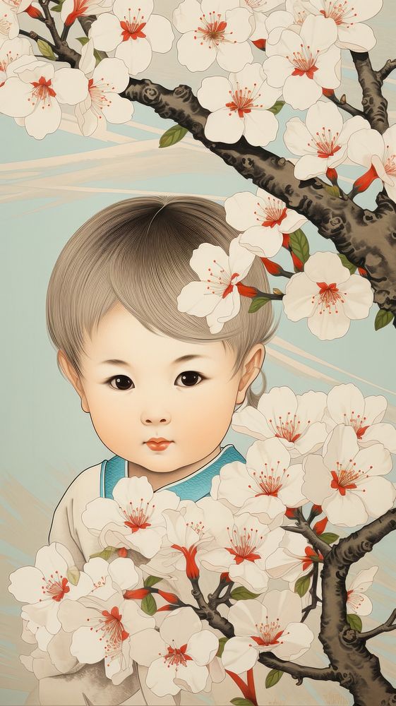 Traditional japanese wood block print illustration of a baby girl with sakura flower portrait plant.