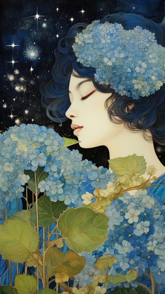 Traditional japanese wood block print illustration of hydrangea with woman face in starry night portrait painting outdoors.