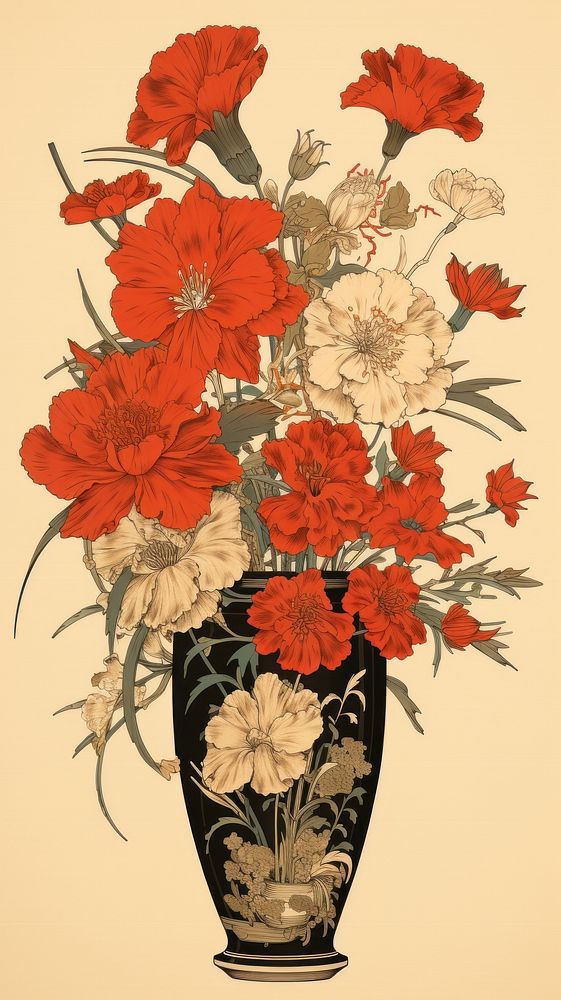 Traditional japanese wood block print illustration of flower vase painting pattern plant.