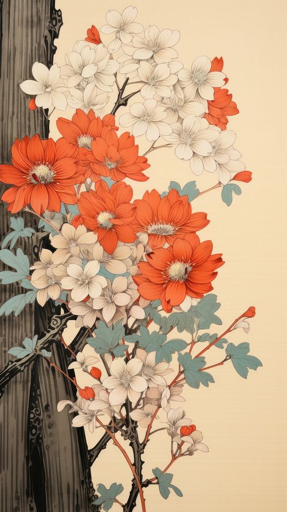 Traditional japanese wood block print illustration of dried flowers painting pattern plant.