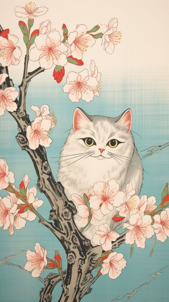 Traditional japanese wood block print illustration of a kitten with sakura flower pattern animal.