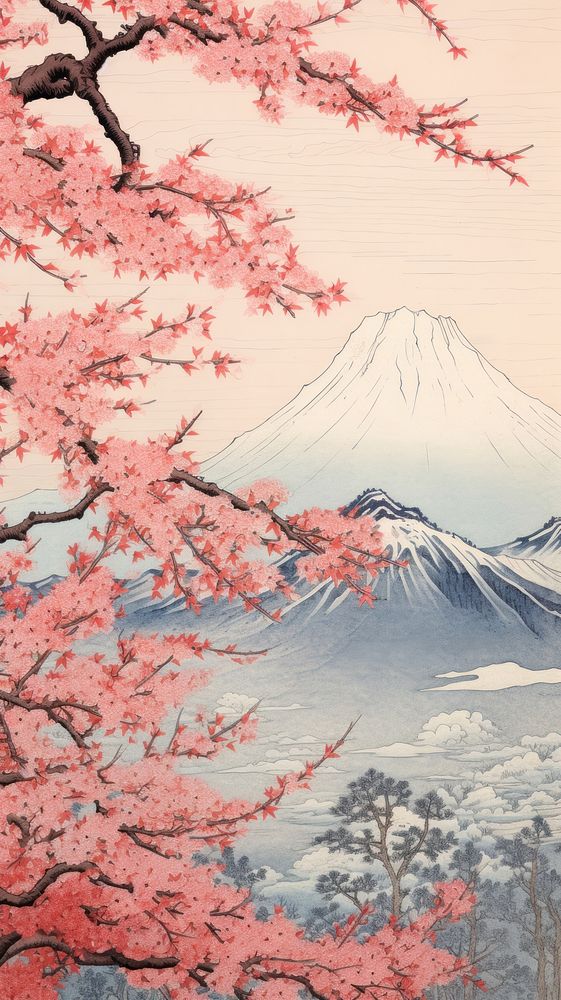 Traditional japanese wood block print illustration of a blossom sakura against fuji mountain landscape outdoors nature.