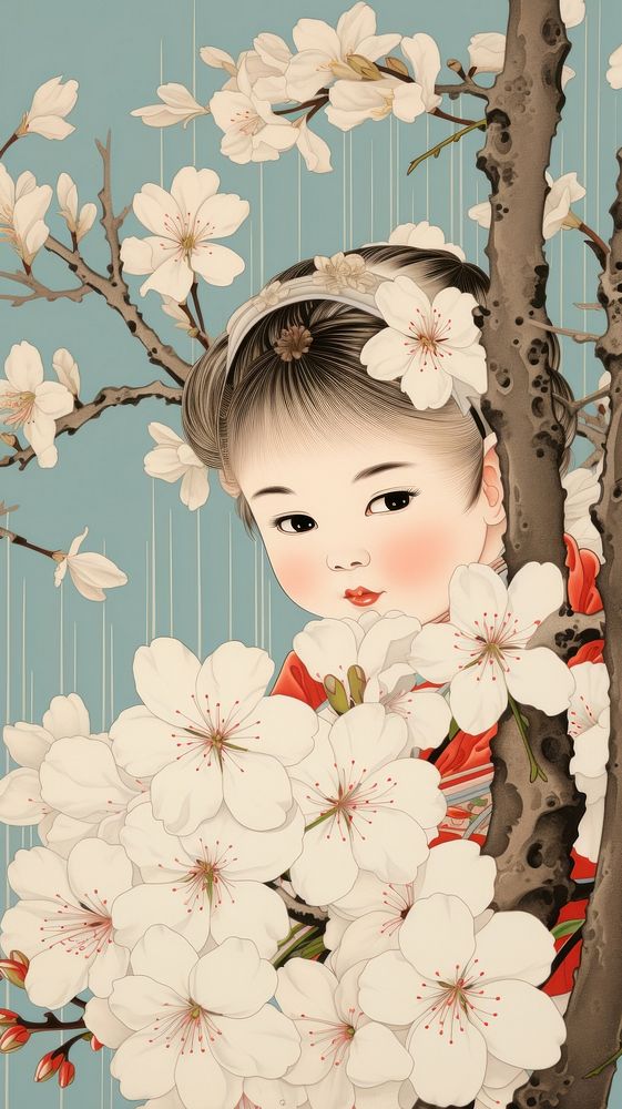 Traditional japanese wood block print illustration of a baby girl with sakura flower portrait blossom.