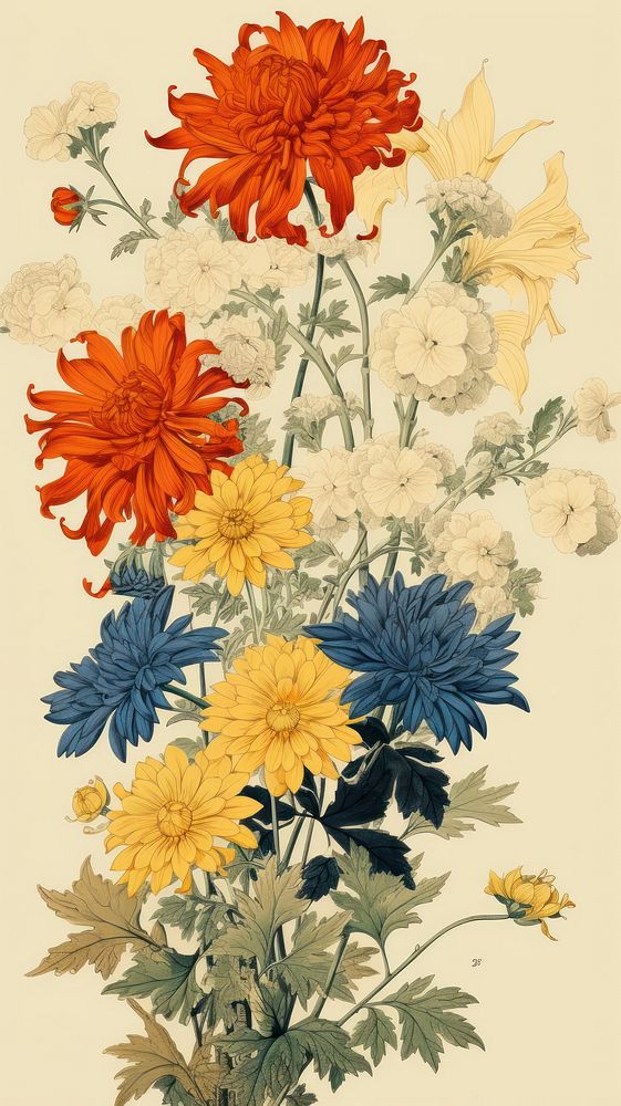 Yellow and blue flower bouquet painting pattern plant.