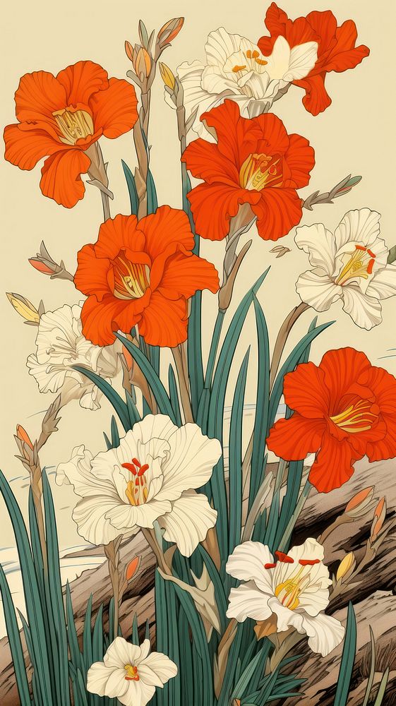 Traditional japanese wood block print illustration of spring flowers pattern plant art.