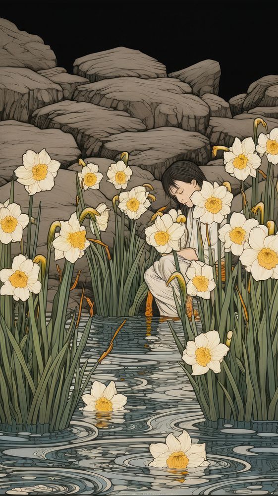 Traditional japanese wood block print illustration of narcissus flower plant tranquility.