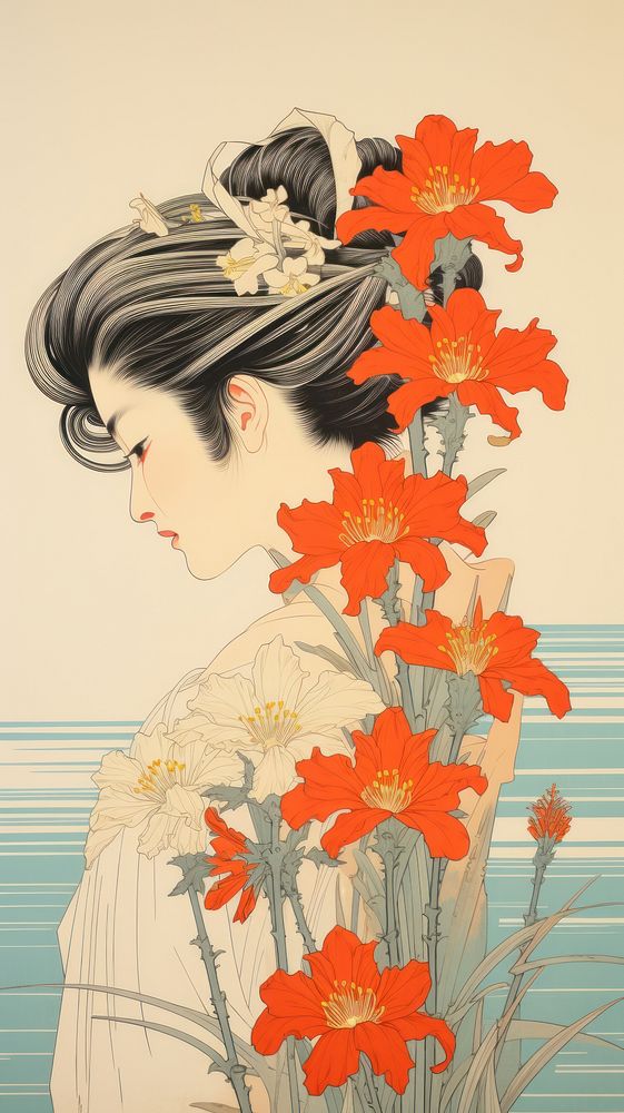 Traditional japanese wood block print illustration of woman with daisy over ear flower painting drawing.