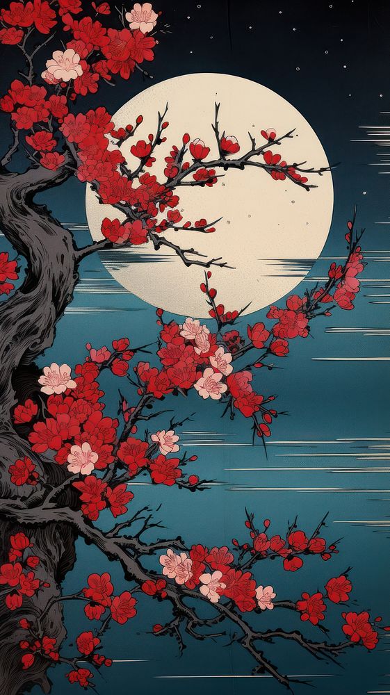 Traditional japanese wood block print illustration of blossom flowers by lake midnight plant art red.